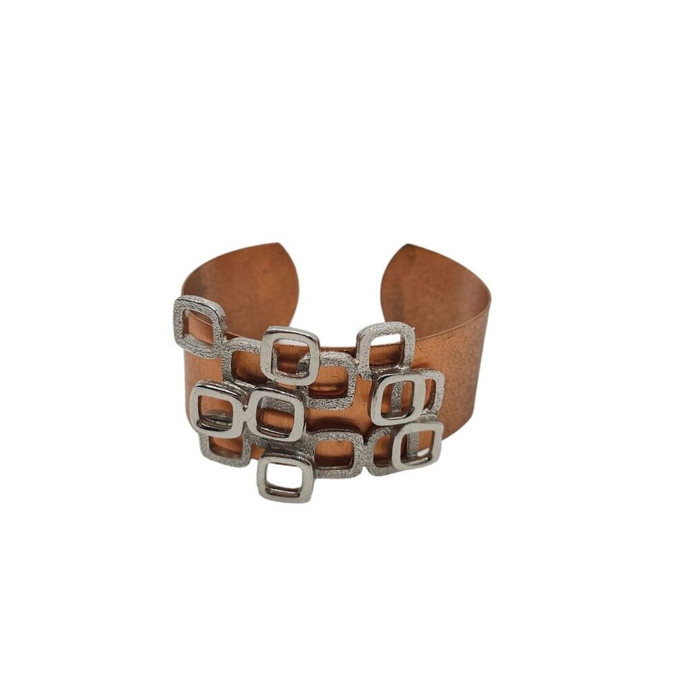 Copper Silver Tone Geometric Detail Wide Cuff Bangle Bracelet Vintage